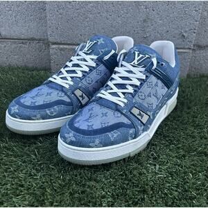 Authenticated Louis Vuitton Trainer Denim Blue Monogram Sneakers Size 9.5 COA